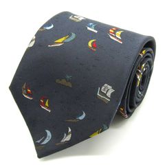 銀座田屋 オーバーテン ブランド ネクタイ 船 ヨット 海 総柄 小紋柄 シルク 日本製 PO メンズ ネイビー GINZA TAYA OVER-TEN 【中古】