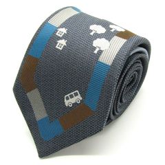 ジラフ ブランド ネクタイ 双六 サイコロ 車 家 木 総柄 小紋柄 シルク 日本製 PO メンズ グレー giraffe 【中古】