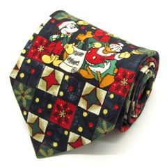 ディズニー ブランド ネクタイ ミッキー ドナルドダック クリスマス 総柄 シルク イタリア製 PO メンズ ネイビー Disney 【中古】