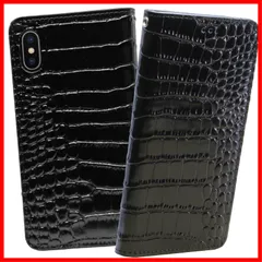 スマホケース クロコダイル 牛革 手帳型 レザー ケース iphoneX/XS ブラック