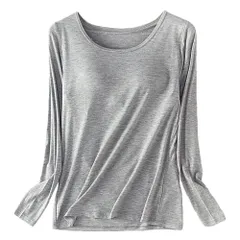 カップ付き プラトップ 長袖 大きいサイズ レディース あったか 肌着 インナー 丸首 さらさら 薄手 アンダーゴム 締め付けない 黒 白 赤 青 水色 緑 紫 rr66