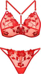 Gorcre 花柄 透ける セクシーランジェリー 上下セット レディース サイズ調整 メッシュ シースルー 刺繍 三角ブラジャー Tバック (レッド)