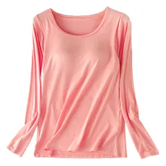 カップ付き プラトップ 長袖 大きいサイズ レディース あったか 肌着 インナー 丸首 さらさら 薄手 アンダーゴム 締め付けない 黒 白 赤 青 水色 緑 紫 rr66