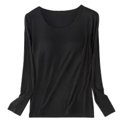 カップ付き プラトップ 長袖 大きいサイズ レディース あったか 肌着 インナー 丸首 さらさら 薄手 アンダーゴム 締め付けない 黒 白 赤 青 水色 緑 紫 rr66