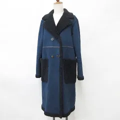 ザラウーマン ZARA WOMAN コート ロング テーラーカラー ダブル フェイクムートン ボア 青 黒 ブルー ブラック S