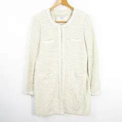 ナチュラルビューティーベーシック NATURAL BEAUTY BASIC ツイード ノーカラー ジャケット ミディアム丈 レーヨン 毛 L アイボリー ベージュ ボーダー kz13801