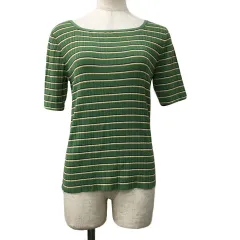 グローブ grove カットソー ニット プルオーバー スクエアネック ボーダー リブ 五分袖 M 緑 白 グリーン ホワイト