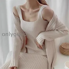 ニットワンピース 2点セット ニット 長袖 ワンピース ノースリーブ 秋冬 レディース 二次会 OL 結婚式 30代40代50代