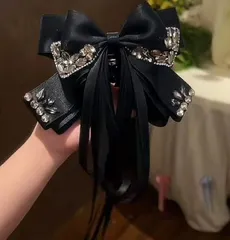 新品  ロングリボン　ビジュー付き大きめヘアクリップ 髪留め 上品まとめ髪アレンジ