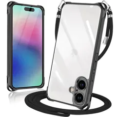 【人気商品】iPhone 16 用 ケース クリア ショルダー 耐衝撃 アイフォン16 用 スマホケース 透明 薄型 軽量 カバー 首かけ 肩掛け 縄掛けケース ストラップ付き 縦/横 2WAY 取り外し可能 長さ調整可能 ワイヤレス充電対応（ブラック）