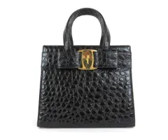 正規品 Salvatore Ferragamo サルヴァトーレ・フェラガモ ヴァラリボン エンボスレザー ハンドバッグ ブラック イタリア製  rk9716