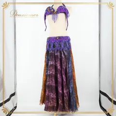 ベリーダンス オリエンタル 衣装 上下セット パープル系 ベラ Bella ラインストーン スパンコール トップス スカート ベルト アーム飾り 腕飾り 煌びやか 華やか 紫 金 セットアップ キラキラ ビーズ セクシー ダンス衣装 豪華 装飾 ゴールド系