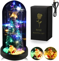 クリスマスツリー 卓上 ミニ スノードーム クリスマス 枯れない花 【笑顔咲ク 光る花 】造花 バラ ForeverFlowers [クリスマス仕様オーロラライト USB電池両用]
