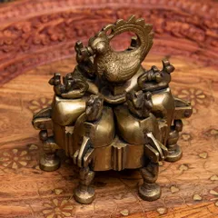 ブラス製 孔雀のクムクムボックス 直径：10cm程度 / アンティーク レトロ 小物入れ クムクムケース ピアスケース