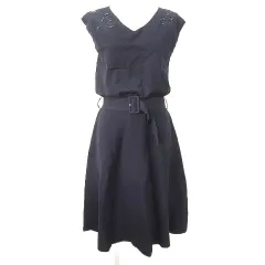 ジャスグリッティー JUSGLITTY 刺繍レース ノースリーブ ワンピース ひざ丈 ベルト 2  ネイビー ■YHS12