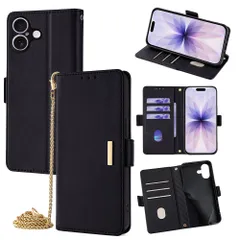 iPhone17/iPhone17Air/iPhone17Pro/iPhone17ProMax 用手帳型スマホケース レディース｜高見え金属プレート付き｜金属チェーンショルダー対応｜多機種対応 【ブラック XJT】