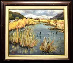 島本良平「安曇野爽風」油彩画 肉筆風景画 額装 真作 山岳風景 #462-1