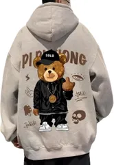 emptio エンプティオ メンズ パーカー 厚手 フード付き アメカジ バックプリント かっこいい キャラクター ゆったり プルオーバー スウェット ストリート 長袖 かわいい カラフル くま シンプル 部屋着 (グレー,  L)