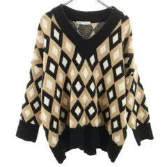 ZARA ザラ ダイヤ柄 長袖 Vネック セーター S ベージュ ニット レディース 古着