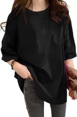 newNE ゆったり Uネック Tシャツ カットソー プルオーバー オシャレ カワイイ ビッグシルエット 春夏 夏用 秋冬 ユニセックス ダボダボ シンプル 大きめ 大きい 部屋着 (ブラック,  L)