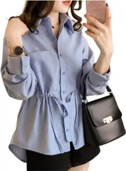 emu's more(エムズ モア) 上着 レディース 羽織りシャツ 立ち襟シャツ 襟付きカットソー (ブルー,  M)