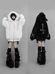 【送料無料】J-エモ パンク 冬 トレーナーパーカー フード付き ハーフコート ロング ブラック ホワイト 原宿 ゴス サブカル 厚手 防寒 アウター