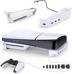ISTATSO 新型PS5対応 Slim用 スタンド 横置き 収納アクセサリー ４つのUSBポート付き 転倒防止 地震対策 放熱改善 ポートキャップ付き ホワイト (ホワイト)