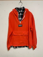 BLUE CROSS ハーフジップ パーカー LL オレンジ チェック切替 レイヤード風 フード付き