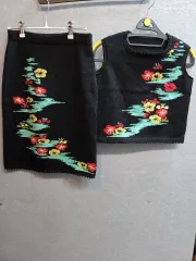 ニットスカート ベスト セットアップ ブラック 花柄