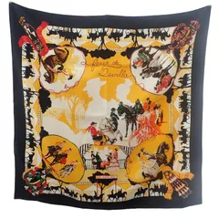 エルメス HERMES カレ90 Ferea de Levlla スカーフ シルク ブラック イエロー レディース【中古】【Aランク】
