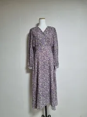 L279 パープル花Vネックシフォンロングワンピース