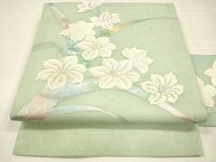 美品 開き名古屋帯 夏帯 絽 洗える 水色 藤 長さ3m62㎝ お洒落 化繊 
