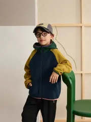 キッズ フリース ブラウン×イエロー ジャケット 抗静電 軽量 保温 防寒 もこもこ パーカー フード付き 前開き 子供用 秋冬