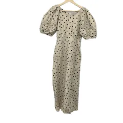 JUSGLITTY(ジャスグリッティー) ワンピース サイズ2 M レディース - グレーベージュ×黒 Vネック/半袖/ロング/麻混/ドット柄