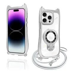 iPhone 14 Pro Max ケース クリア リング付き 猫耳 ネコミミ TPU MagSafe対応 ワイヤレス充電 iphone 14 pro max カバー 透明 アイフォン14 pro max マホケース ネック ショルダー 肩掛け 首掛け 斜めが