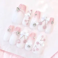 No.101オーダー♡量産型ワンホン韓国フレンチガーリーチェリーネイルチップ さくらんぼ チェリー ピンク スナ系 リボン ドット