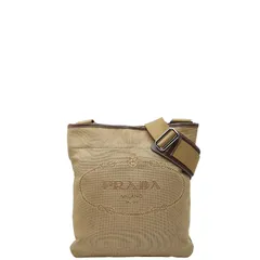 プラダ ロゴ 斜め掛け ショルダーバッグ カーキ ブラウン キャンバス レザー レディース PRADA【1-0247813】