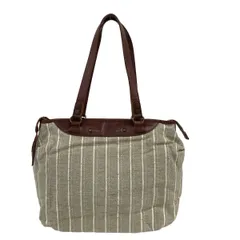 Dakota(ダコタ) ショルダーバッグ - ベージュ×アイボリー×ダークブラウン ストライプ リネン、レザー