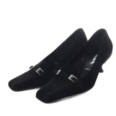 プラダ PRADA パンプス ハイヒール スクエアトゥ ベルト スエード 34.5 ブラック /YO20 ■SH