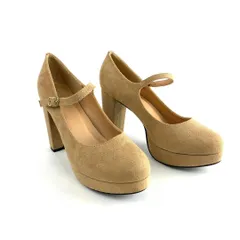 新品 美脚 太ヒール パンプス 痛くない ストラップ ベージュスエード 25.5cm 11cmヒール 　ストーム付 　安定感 　クッション 二重インソール 　歩きやすい 脚長効果 大きいサイズ レディース 上品 定番 人気モデル 安心設計 厚底 良  かわいい