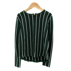 ナチュラルビューティーベーシック NATURAL BEAUTY BASIC ニット カットソー 長袖 ラウンドネック ストライプ柄 ウール混 M マルチカラー 緑 グリーン /YS17