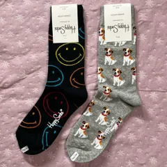 セール！【14】Happy socks  2足ギフトセット　ビッグスマイル黒・　犬  グレー　23〜25.5cm レディース　ハッピーソックス