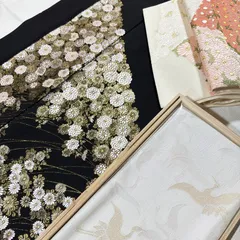 花柄刺繍　山口美術織物　袋帯 黒　長さ約440㎝　新品　未使用品 88-2497a1.jpg