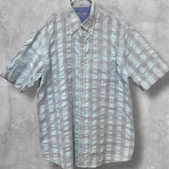 ♪ DOCLASSE ドゥクラッセ　コットン　総柄　半袖シャツ　メンズ　Mサイズ　ボタンダウン　ブルー　チェック　リップル　シアサッカー