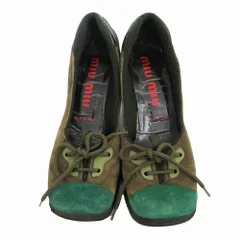 miumiu ミュウミュウ スクエアトゥ レースアップ スエード パンプス シューズ グリーン サイズ37 24cm レディース 【中古】