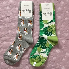 セール！【16】Happy socks  2足ギフトセット 犬グレー・　モンステラ　リーフ　緑　23〜25.5cm レディース　ハッピーソックス