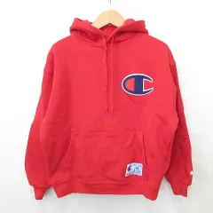 チャンピオン CHAMPION パーカ 長袖 プルオーバー フード 刺繍 ワッペン ロゴ スウェット 裏起毛 リブ 赤 レッド Ｍ