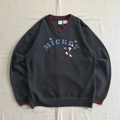 90s　vintage　Old Disney　ヴィンテージディズニー　MICKEY　ぶら下がりミッキーマウス　キャラクター　アーチロゴワッペン　花刺繍　リブライン　Vネック　スウェット　トレーナー　グレー　Y2K　アメカジ　v-neck sweat shirt