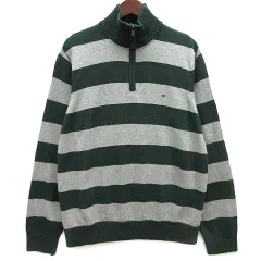 トミーヒルフィガー TOMMY HILFIGER ハーフジップ ボーダー コットン ニット セーター グリーン グレー 緑 XL ☆AA★