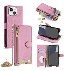 ★iPhone 14 Plus ケース 手帳型 ショルダー For アイフォン14 プラス カバー 財布型 肩掛け 横+縦 2掛け方 斜めがけ 化粧鏡付き おしゃれ ジッパー小銭入れ